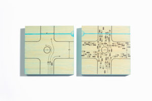 Wilshire Blvd L.A. (diptych), 5"x5"each xerography & acrylic on wood, by R.L. Gibson