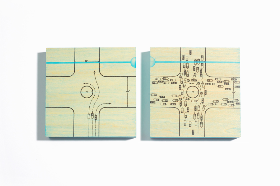 Wilshire Blvd L.A. (diptych), 5"x5"each xerography & acrylic on wood, by R.L. Gibson