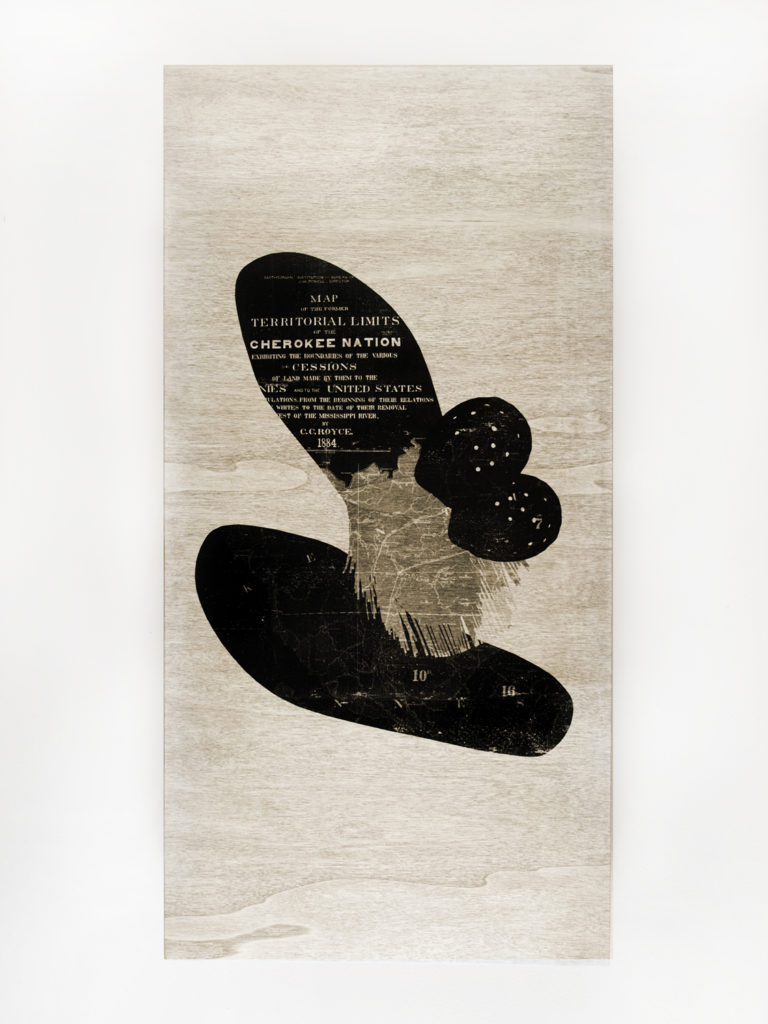 "Cherokee Stomp" (10"x20"x2" xerography & acrylic on wood) by R.L. Gibson