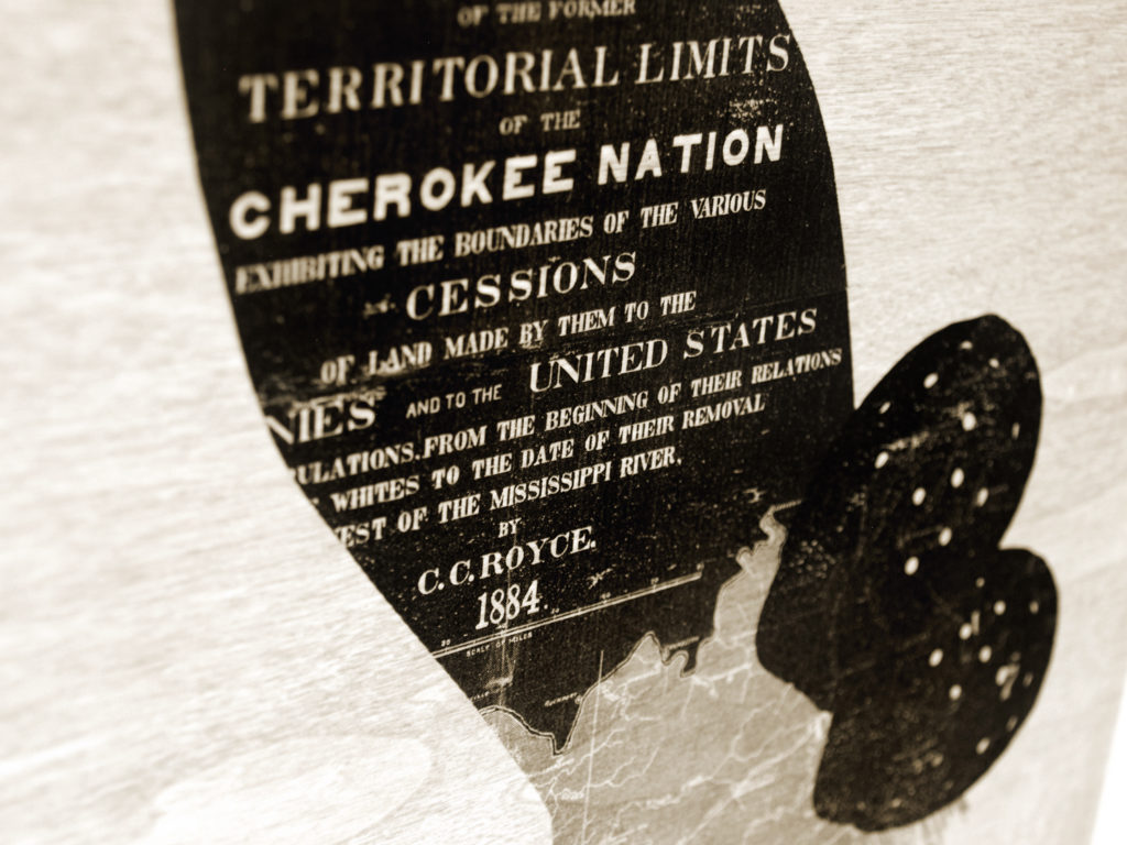 "Cherokee Stomp" DETAIL (10"x20"x2" xerography & acrylic on wood) by R.L. Gibson